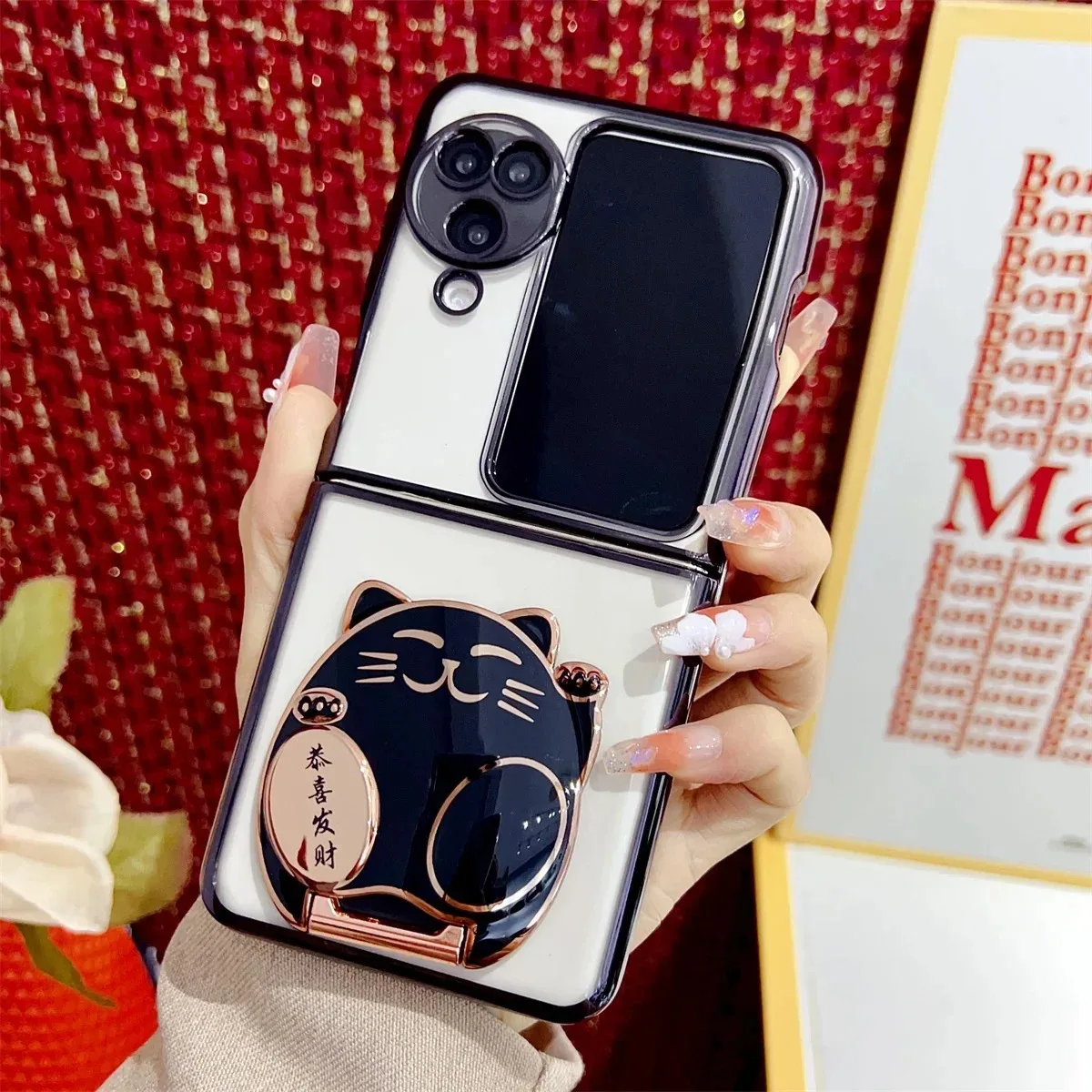 

Electroplated Tpu Phone case Suitable For OPPO Find N2 N3 Flip Cartoon Cat Soft Shell Folding Axis Protective Stand Cover