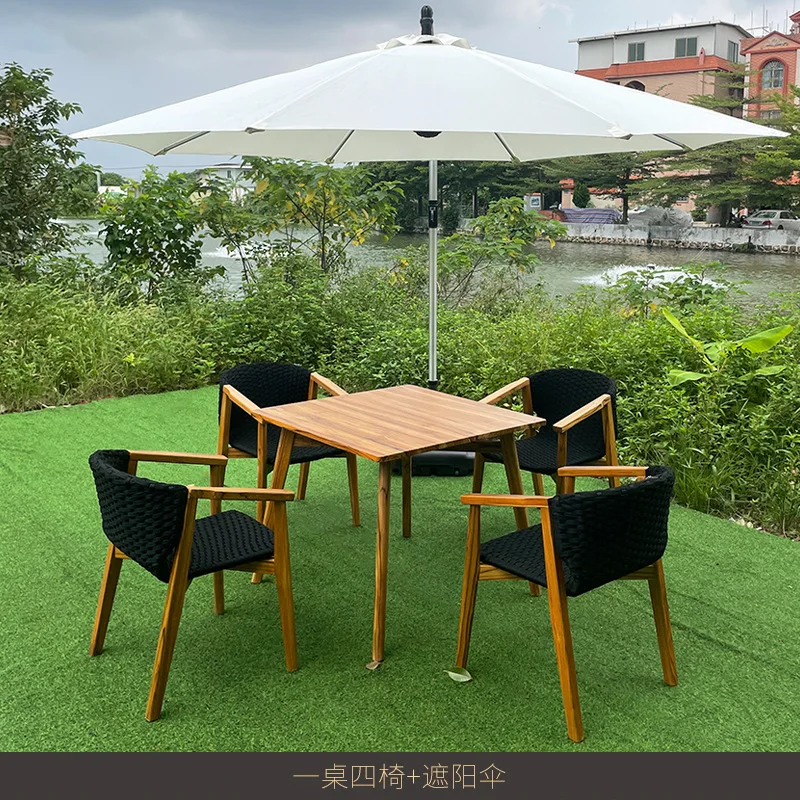 Outdoor teak table and chair villa leisure simple dining table rope woven chairs courtyard waterproof and sunscreen furniture