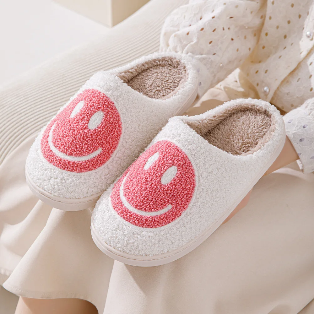 Smiley face cotton slippers for women in winter plus velvet thick-soled home warm confinement shoes indoor non-slip couple plush