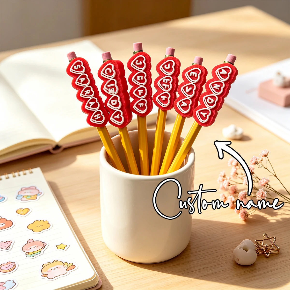 Custom 3D Print Pencil Topper Name Tags,Raised Letter Pencil Toppers & Removable Labels for Standard Pencils Back to School Gift