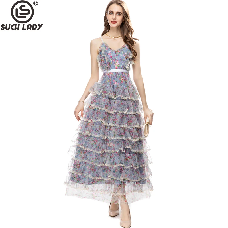 

Women's Runway Dresses Sexy Spaghetti Straps Tiered Ruffles Printed Elegant Fashion Designer Vestidos