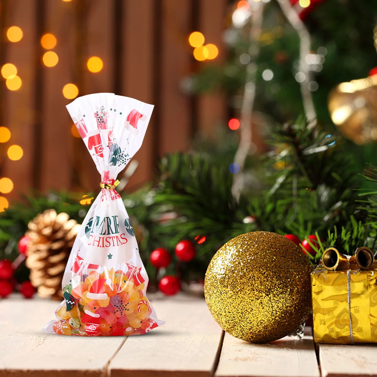 

100 Pcs Christmas Wrapping Bag Gift Tote Candy for Xmas Opp Storage Pouch Treat Bags