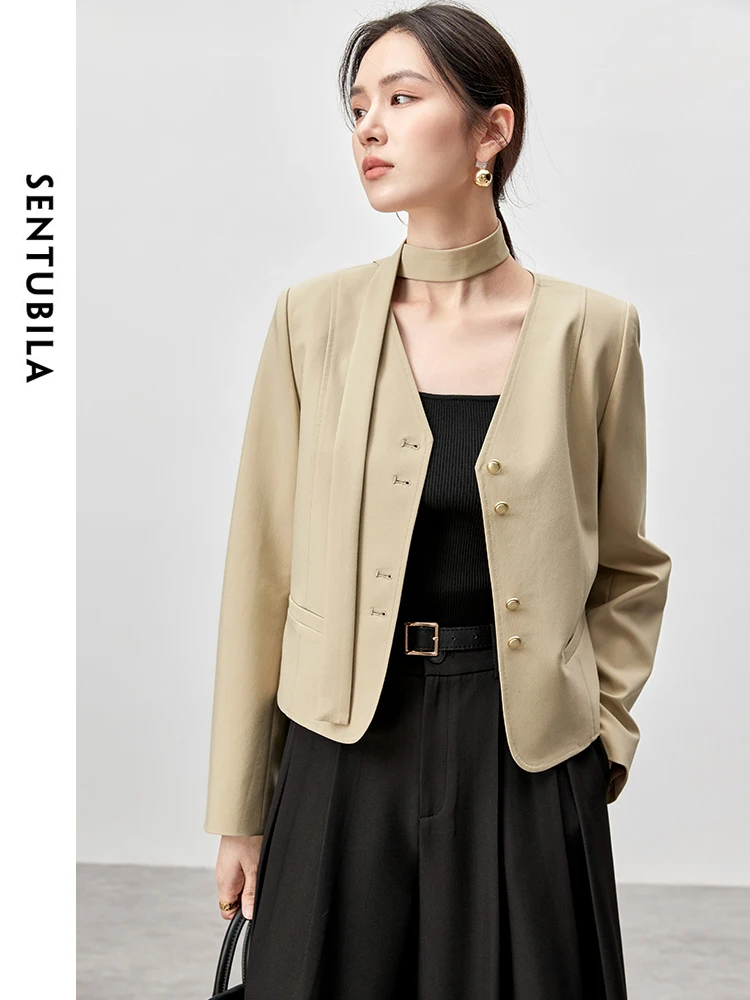 SENTUBILA V Neck Ribbons Cropped Blazer Jackets for Women 2024 Fall Fashion Pad Shoulder Coat Woman Autumn Clothing 143W55906