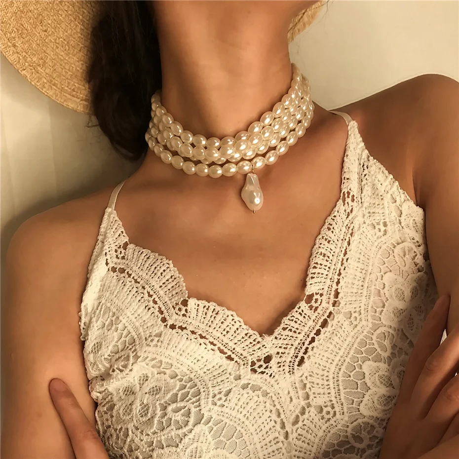 Elegante unregelmäßige Nachahmung Perle Choker Halskette Frauen Braut mehr schicht ige Schlüsselbein Kette ästhetischen Hals Schmuck wed Accessoires – Detail 5