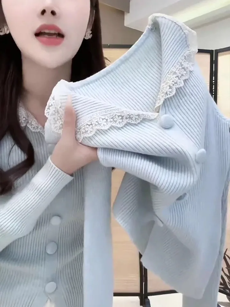 

Sweet Lace Knitted Sweater Women's Button up Slim Fit Casual Long Sve Top Spring 2026 New Sle Breathable Comfortable