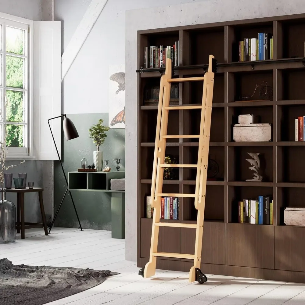 Scaletta per biblioteca con ruote in rovere rosso, alta 7 piedi, multiuso per scaffali e accesso a soppalco, robuste gradini in legno con maniglia incorporata