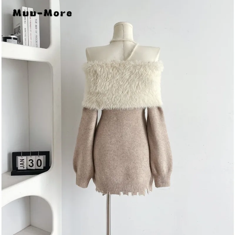 Women Sexy Long Sleeve Slash Neck Patchwork Sheath Mini Dresses 2023 Autumn Winter Clubwear High Waist Slim Fit Knitting Dress