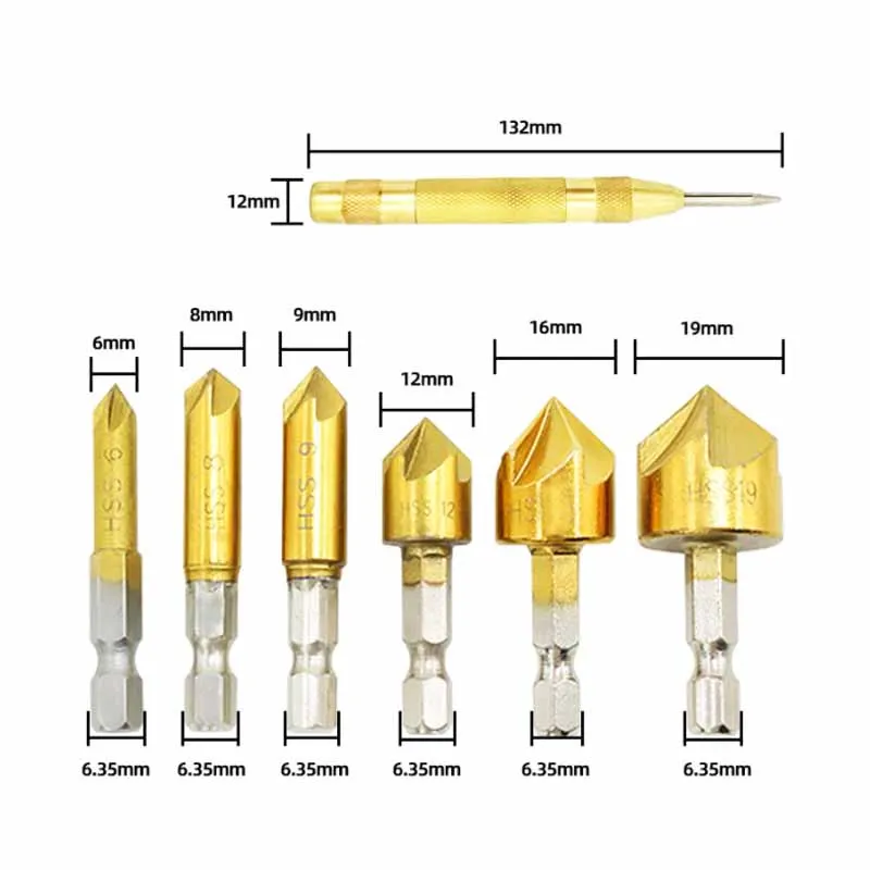 Countersink Drill Bit Set 1/4'' Hex Shank HSS 5 Flute Countersink 90°Wood Chamfering Cutter Chamfer With Central Punch 6mm-19mm