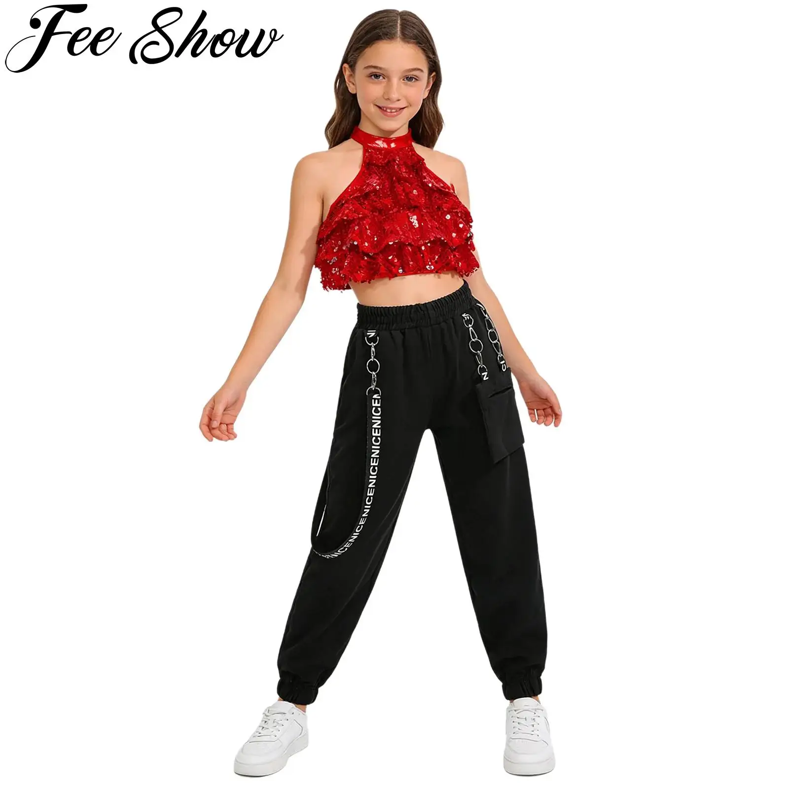 Kids Girls Jazz Hip Hop Street Dance Costume School Show Dancewear Shiny Sequins Backless Crop Top with Metal Chain Pocket Pants