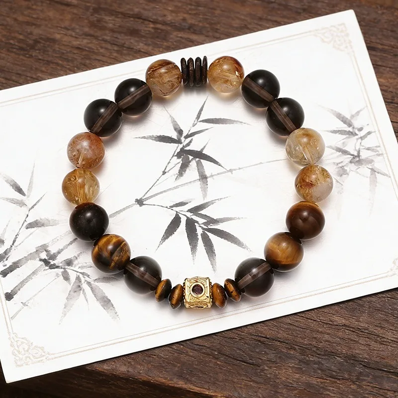 Tiger Eye Tea Quartz Yellow Titanium Crystal Bracelet Silver Obsidian Beaded Hand Chain Women Lucky Gifts