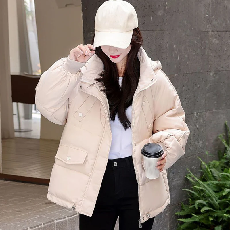 

Hooded Loose Women Short Thicken Parkas Elastic Drawstring Fashion Elegant Bread Coat 2023 Winter Female Casual Warm Jacket