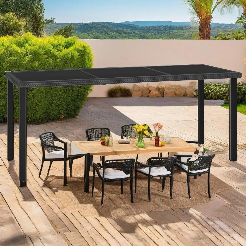 Juego de comedor para patio de ratán sintético negro de 9 piezas: muebles de exterior elegantes para jardín y balcón