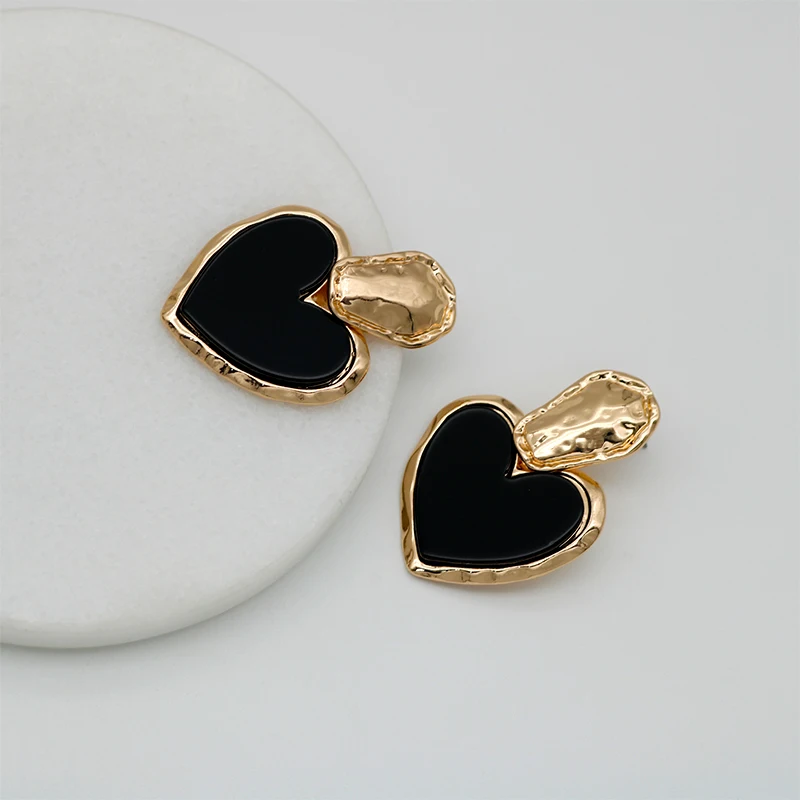 Black Statement Heart Earrings Big Resin Heavy Large Hammered Irregular Zinc Alloy Metal Drop Stud For Women Dangle Design C1056