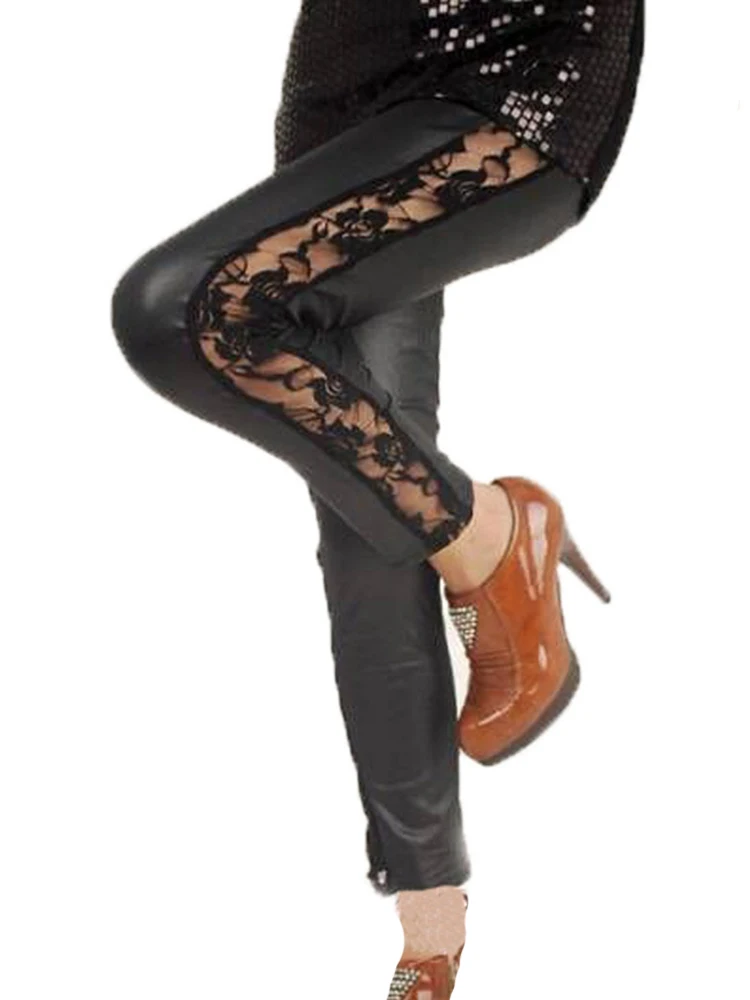 Hot Lace Sexy Leggings Women Side Hollow Out Rose Flower Night Club Wear Faux Leather Leggins Black White Red Casual Pants