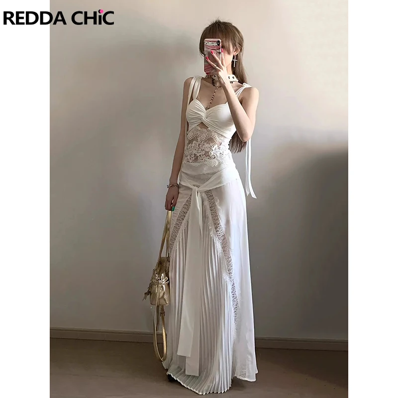 

REDDACHiC Tie Up Knit Top Skirt Women Set Twist Sexy Sheer Lace Stitch Corset Cami Knot Pleats Long Skirt Party Summer Clothes