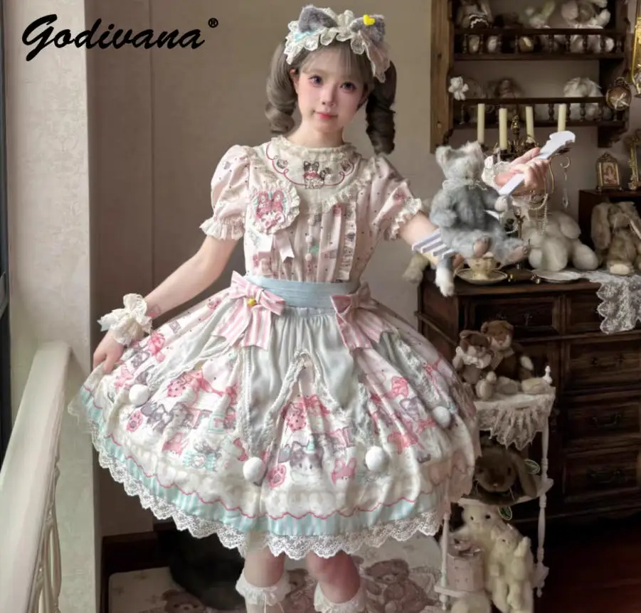 الأصلي الجديد الربيع والصيف لطيف القط الكرتون لوليتا فستان فتاة المرأة سليم Jsk وقصيرة الأكمام فساتين OP #6