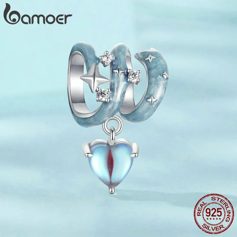 BAMOER Meteor Star Charm for Charm Bracelet, 925 Sterling Silver Heart Pendant Blue Charm with Skin-Friendly Moonstone