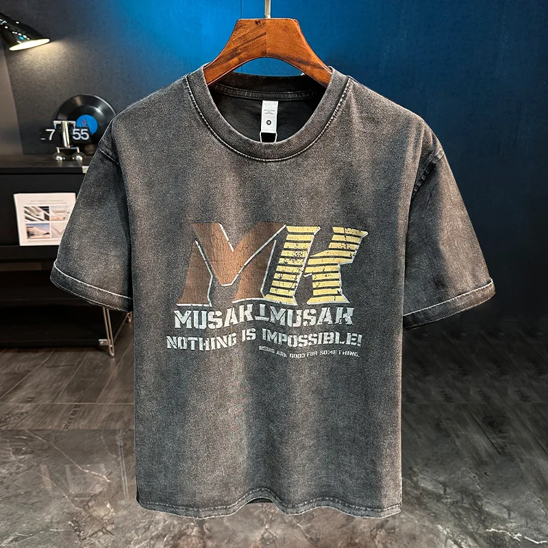 

Retro style washed printed short sleeved T-shirt for men in summer, heavy weight loose casual half sleeved round neck top
