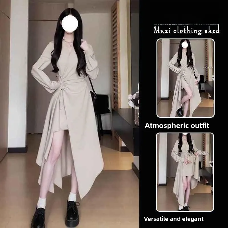 

Slimming A-Line Dress V-Neck Long Sleeve Women's Fashion Long Dress High Waist Design Pure Color Side Slit Elegant Lady Style