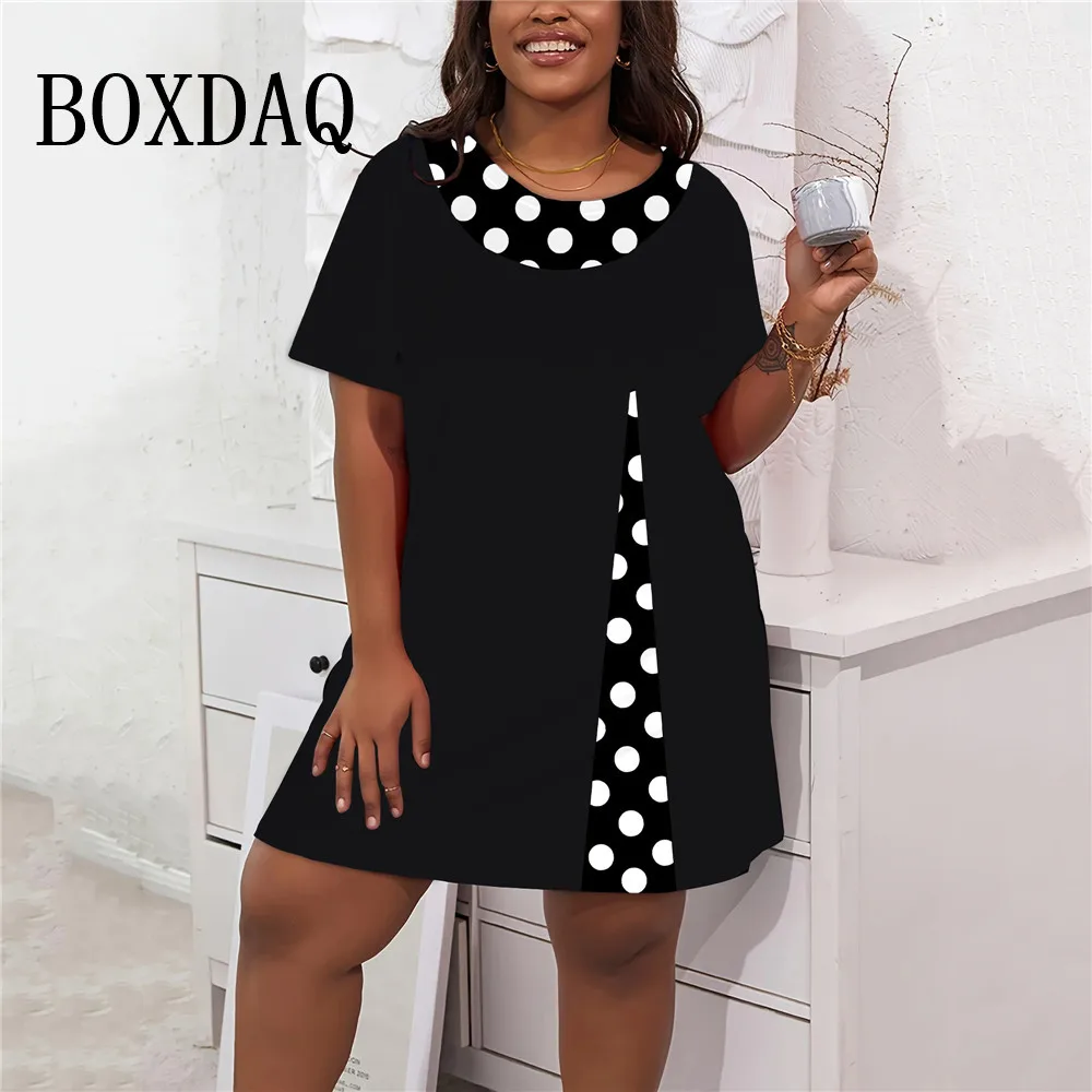 Polka Dot Fake Two Pieces Print Dress Plus Size Women Short Sleeve Loose Mini Dress Casual Pullover Sundress Ladies New Clothing