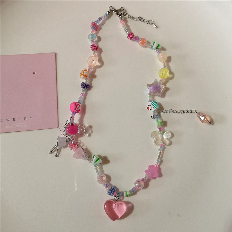 Y2K różowy akrylowy kwiat gwiazda wisiorek z frędzlami zroszony Choker naszyjnik Egirl łańcuszek w kształcie serca estetyczna biżuteria 2000s akcesoria EMO — zdjęcie 7