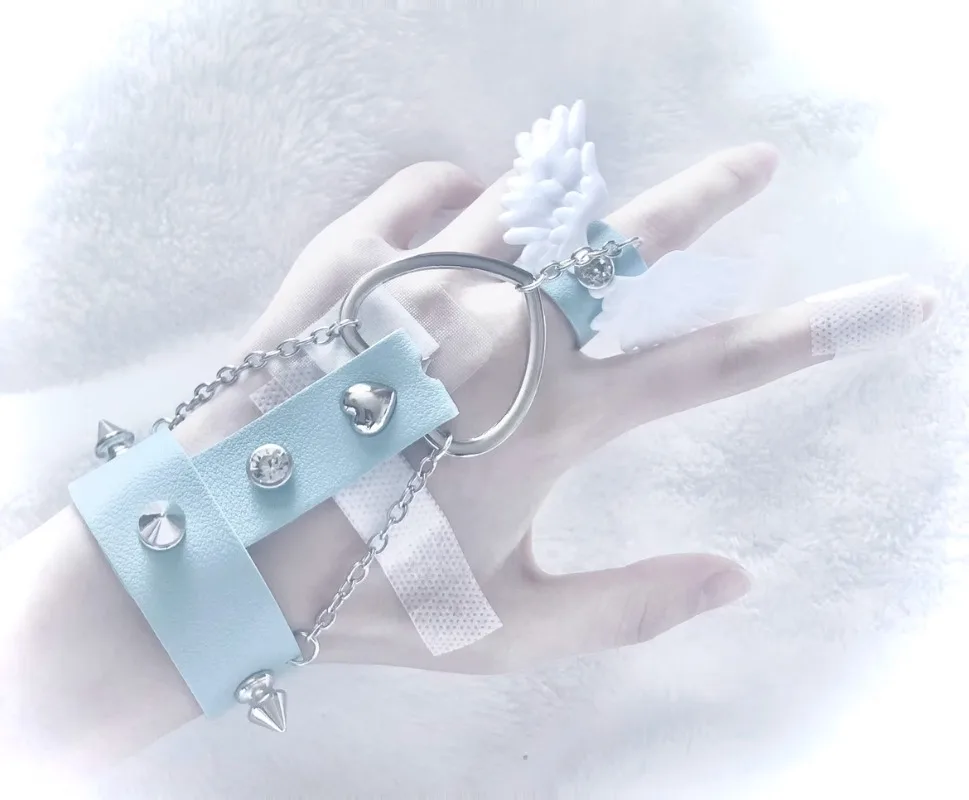 New Handmade Original Subculture Cute Wings Water Color Bracelet Lolita Cosplay Leather Bracelet Earthly Y2K Hand Back Chain