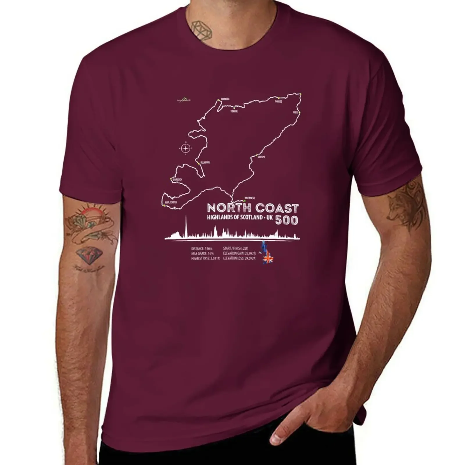 Trip Motorcycle Sports Car Trail Map Art Print T-Shirt North Coast Scotland NC 500 Road Oversized Summer Funny