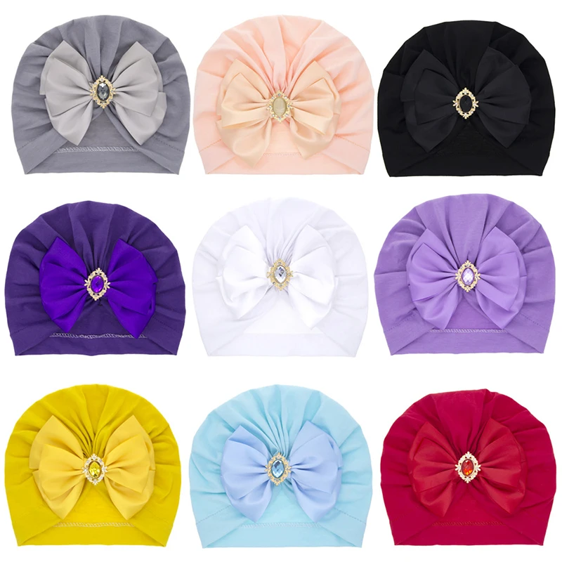 Cute Shining Rhinestone Bowknot Infant Indian Hat Soft Skin-friendly Cotton Baby Girl Caps Turban Fashion Handmade Bows Headwear