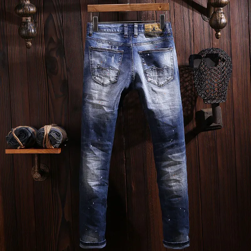 Street Fashion Men Jeans High Quality Retro Blue Stretch Slim Fit Patched Ripped Jeans Men Painted Designer Vintage Denim Pants
