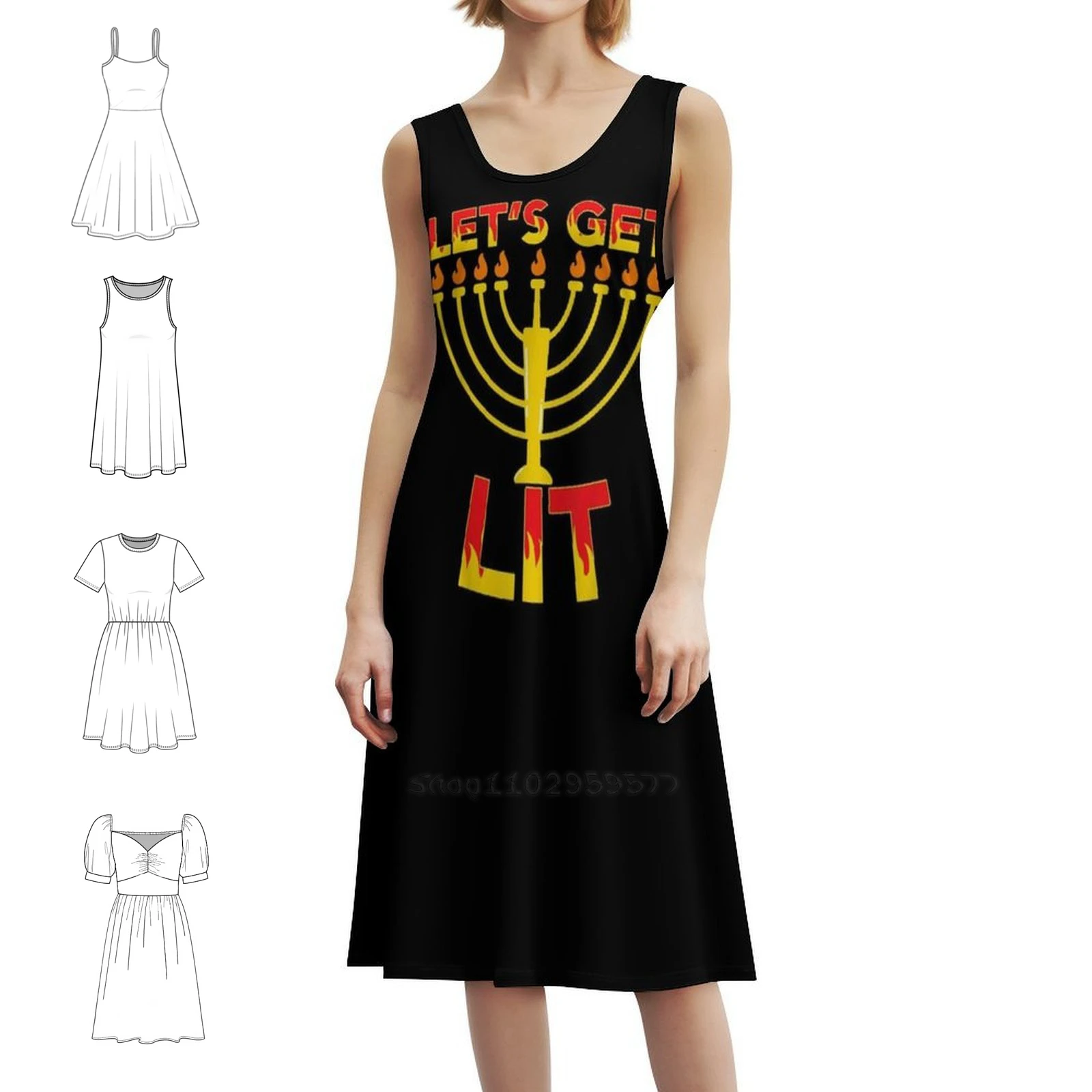 Let39 ; S Get Lit Funny Jewish Hannukah Candle Holiday Women's Elegant Party Dress A-Line Dress With Short/Long/Sleeveless