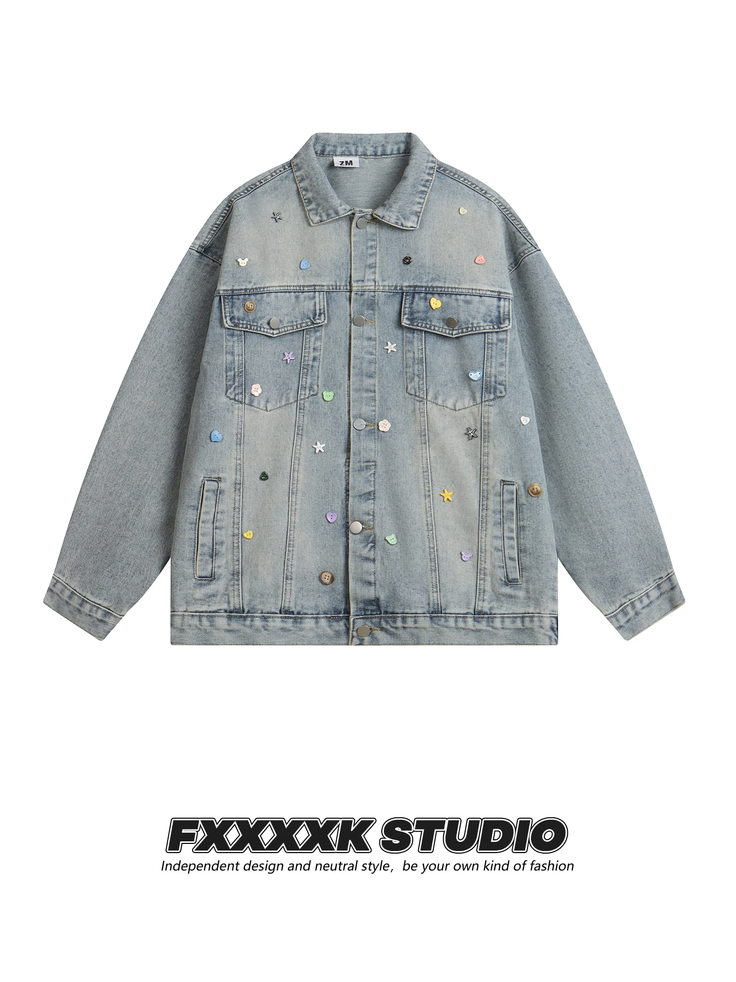 

FXK Original Korean Sle Loose Fit Denim Jaet ex Waed Casual Jaet Button Decorated Youth Faion Autumn Winter