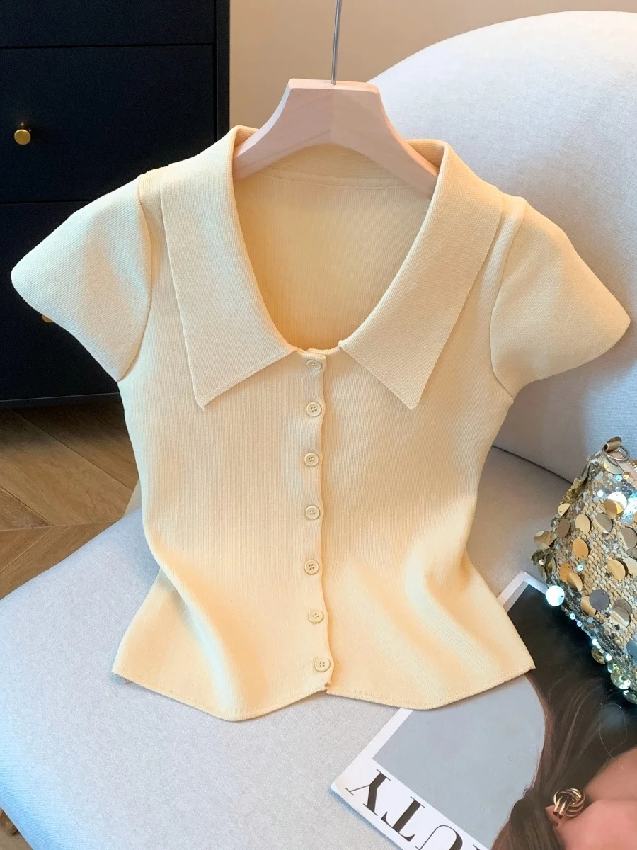 Elegant Pumpkin Knitted Short Sleeve T-Shirt Women's Unique Design Summer Unique Beauty Short Cardigan Top Korean Style Slim Fit