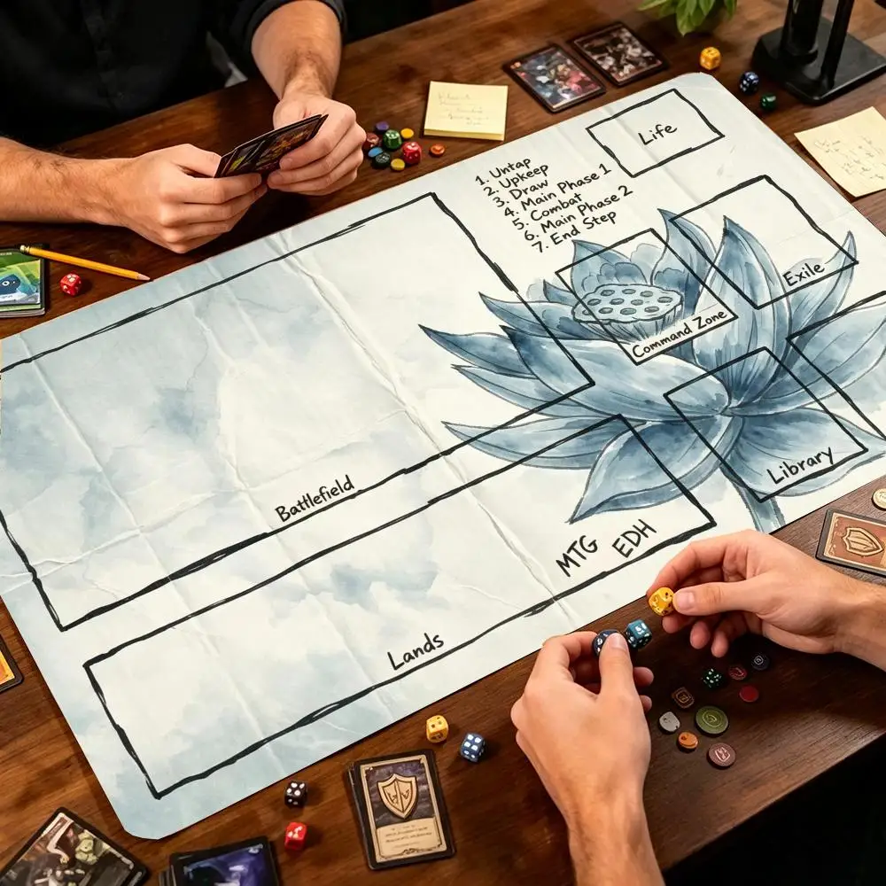 Blue Lotus Playmat With Zones Layout Card Game Play Mat Stitched Edge Non Slip Table Mat TCG CCG Trading Card Game Desk Pad60x35