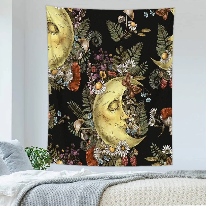 VIKAMA Witchy Herbology Celestial Moon Tapestry Vintage Botanical Wall Hanging Dark Academia Cottagecore Room Decor
