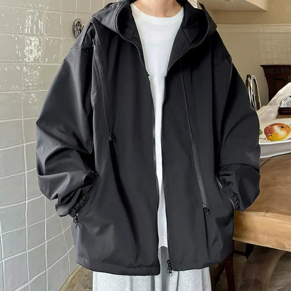 

Solid Color Trench Coat Men's Hooded Windbreaker Coat with Zipper Placket Stylish Outdoor Sports Jacket with Pockets for Autumn