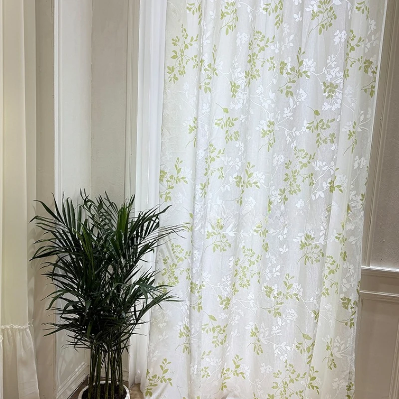 Custom Size Small Fresh Pastoral Style Retro French Luxury Leaf Print Gauze Curtains for Living Dining Room Bedroom Window Decor