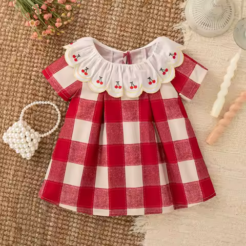 9 Months -4 Years Old Summer New Plaid Short Sleeved Baby Girl Dress, Red Cherry Petal Lapel Children'S Clothing