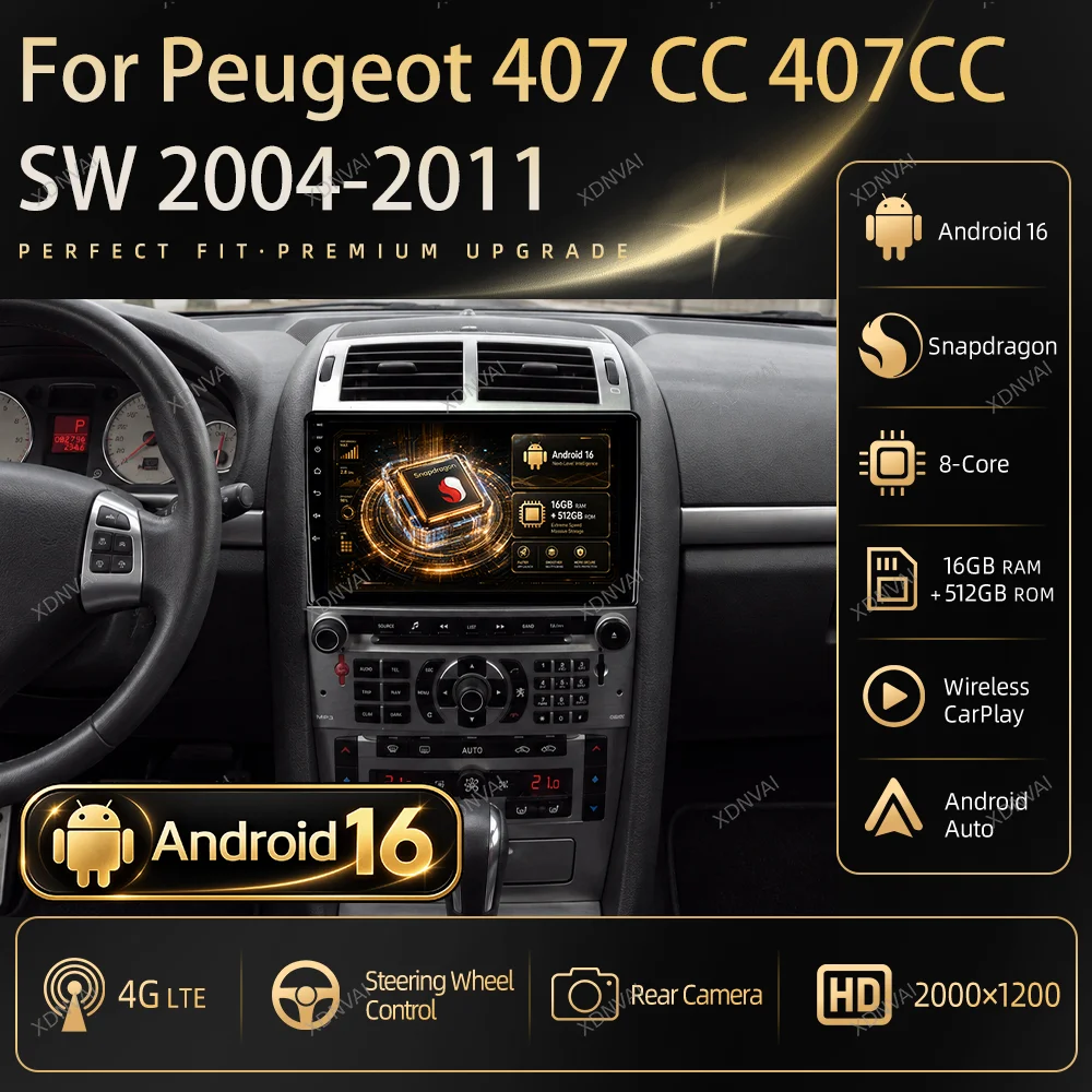 Android 16 For Peugeot 407 CC 407CC SW 2004-2011 Multimedia Navigation Carplay Video Player DSP Car Radio GPS 5G WIFI BT RDS