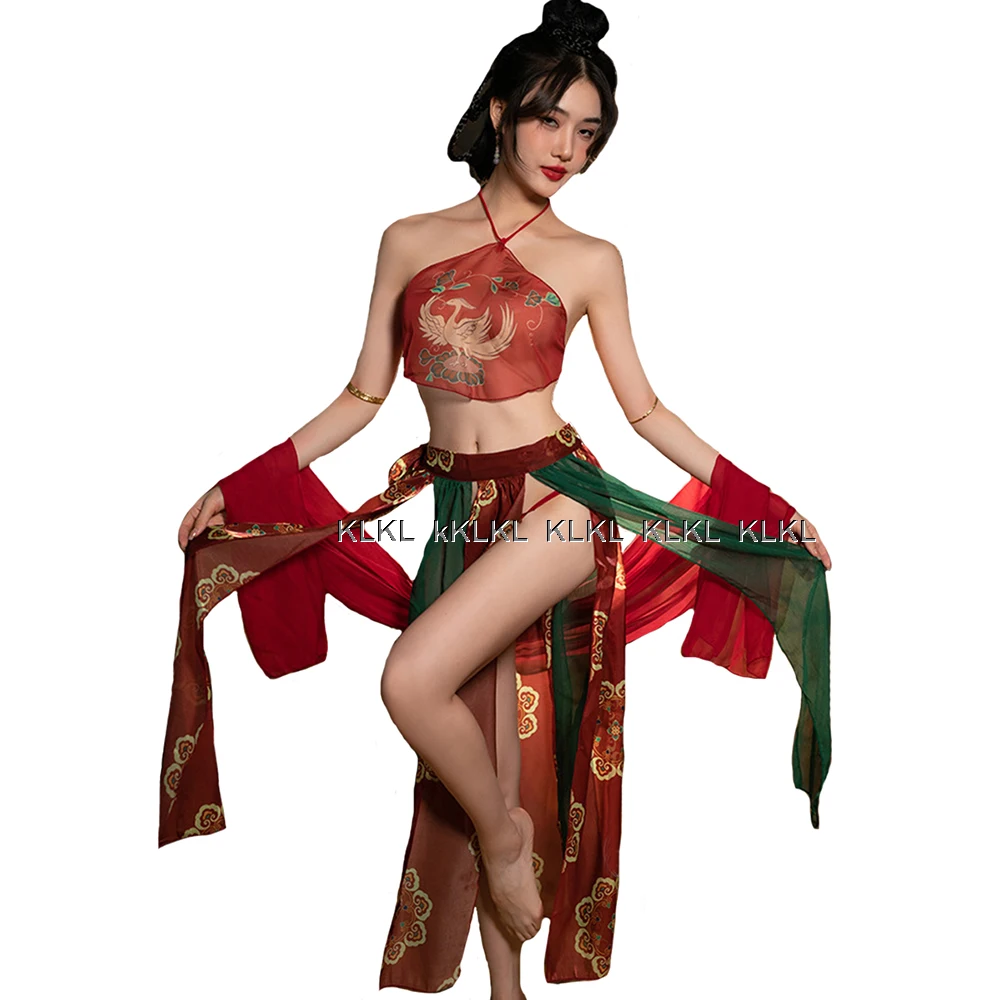 Chinese Ancient Costume Dunhuang Style Red Sexy Hanfu Women's Exotic Lingerie Uniform Bandage Bellyband Gauze skirt Shawl Sets