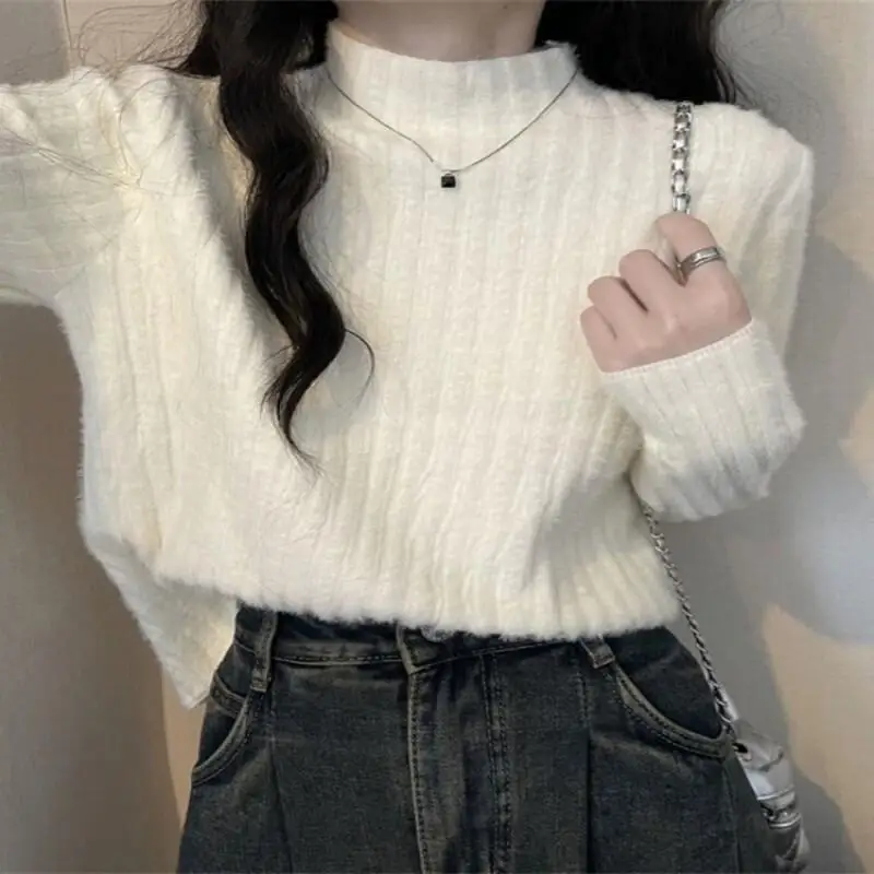 

Knitted Sweater Women White High Neck Tops Autumn Spring Casual Wear Cozy Warm Elegant Basic Shirt Cute Kawaii Pullover