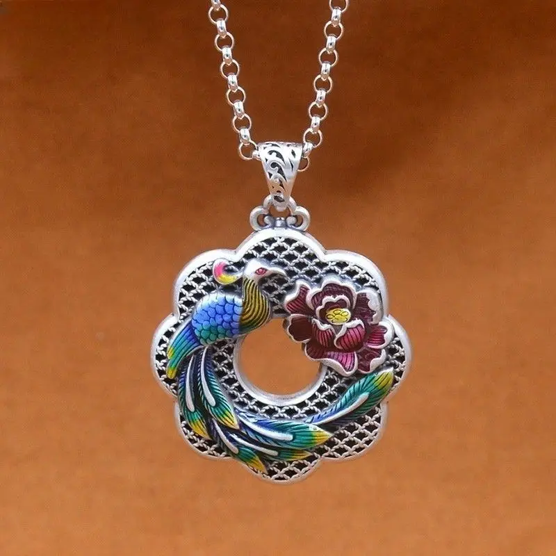 

S999.9 Silver Phoenix Peony Lotus Pendant Filigree Necklace Ethnic Jewelry Hypoallergenic Gift for Women Spiritual Accessories