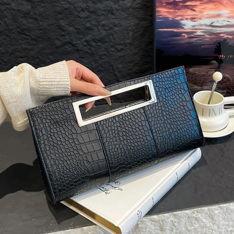 

Женский клатч из искусственной кожи крокодила, шикарные черные вечерние сумки, сумка-тоут с металлической ручкой, конверт, вечерние сумки для ужина