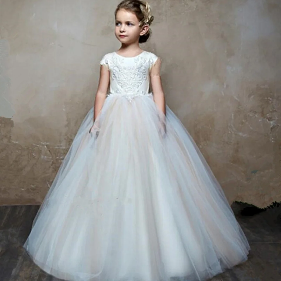 Abito da ragazza formale abiti da ragazza di fiori Applique prima comunione Party Prom abito da principessa damigella d'onore matrimonio con treno