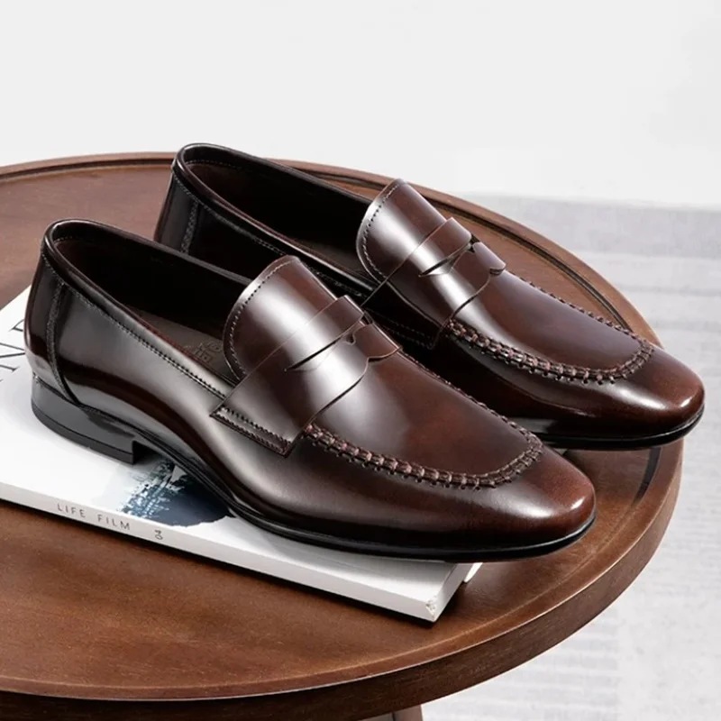 Summer High Quality Wine-red Patent Leather Loafers Slip-on Dress Shoes Top-layer Cowhide Business Casual Leather Shoes For Men