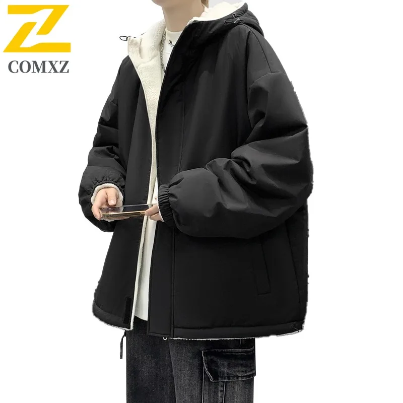COMXZ 2025 Mens Winter Reversible Sherpa Lined Thick Hooded Cotton Jacket Fashion Casual Warm Outwear Streetwear windbreaker