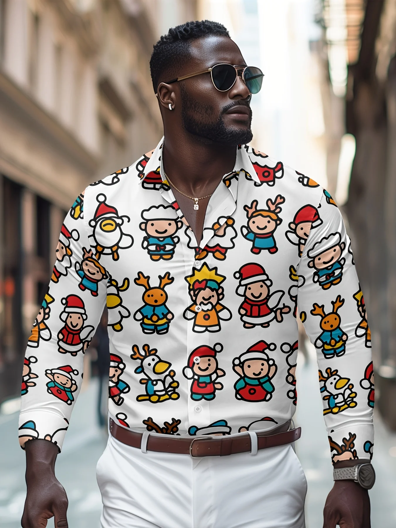 

Christmas Element Print, Christmas Gift, Cute Christmas Cartoon Charac Print Men'S Long Polyester Shirt, 2025 New Year Fit Men'
