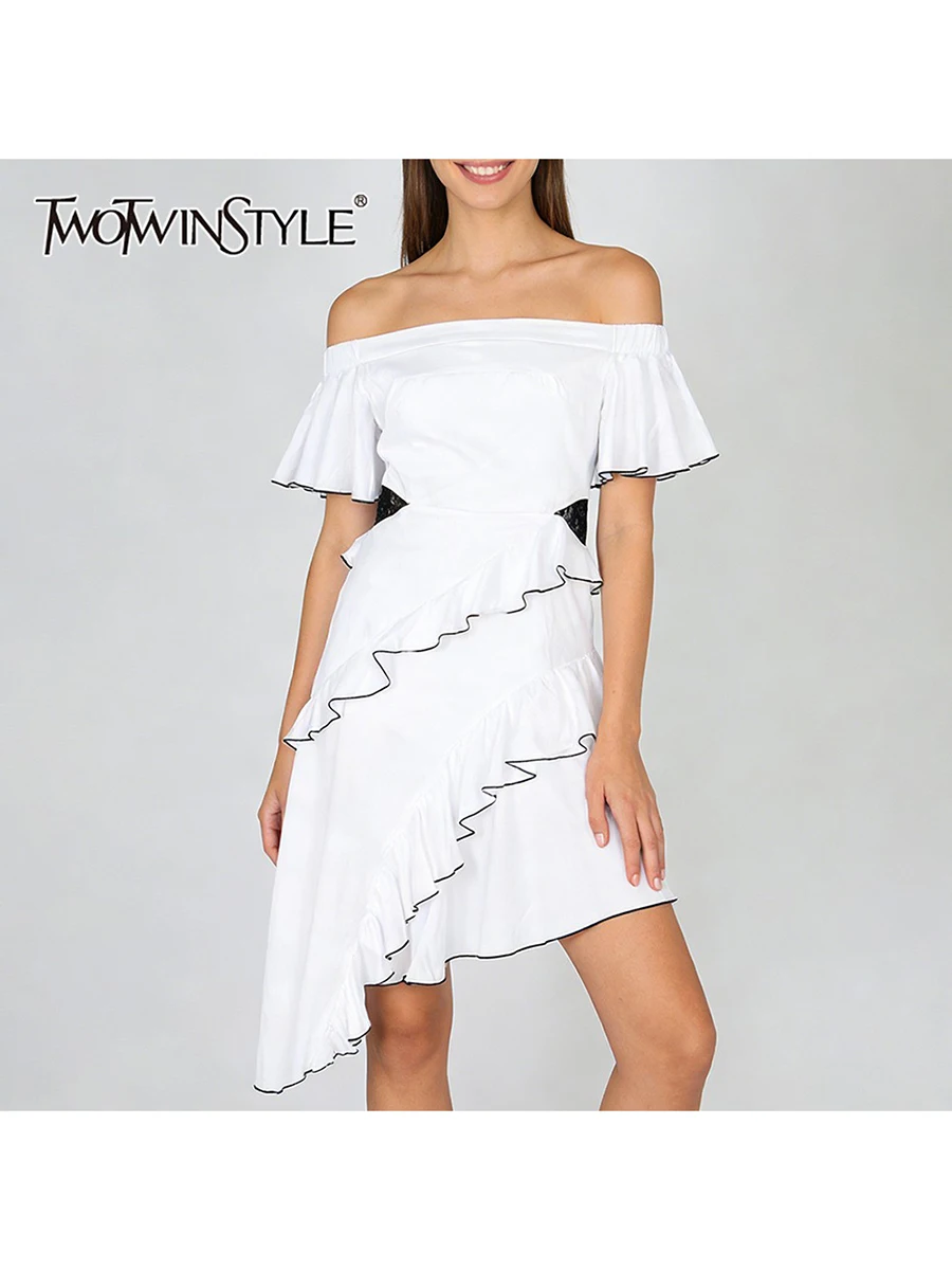 TWOTWINSTYLE Hit Color Spiced Ruffles Folds Fashion Dresses for Women Slash Neck Short Sleeves High Waist Irregular Dress Female