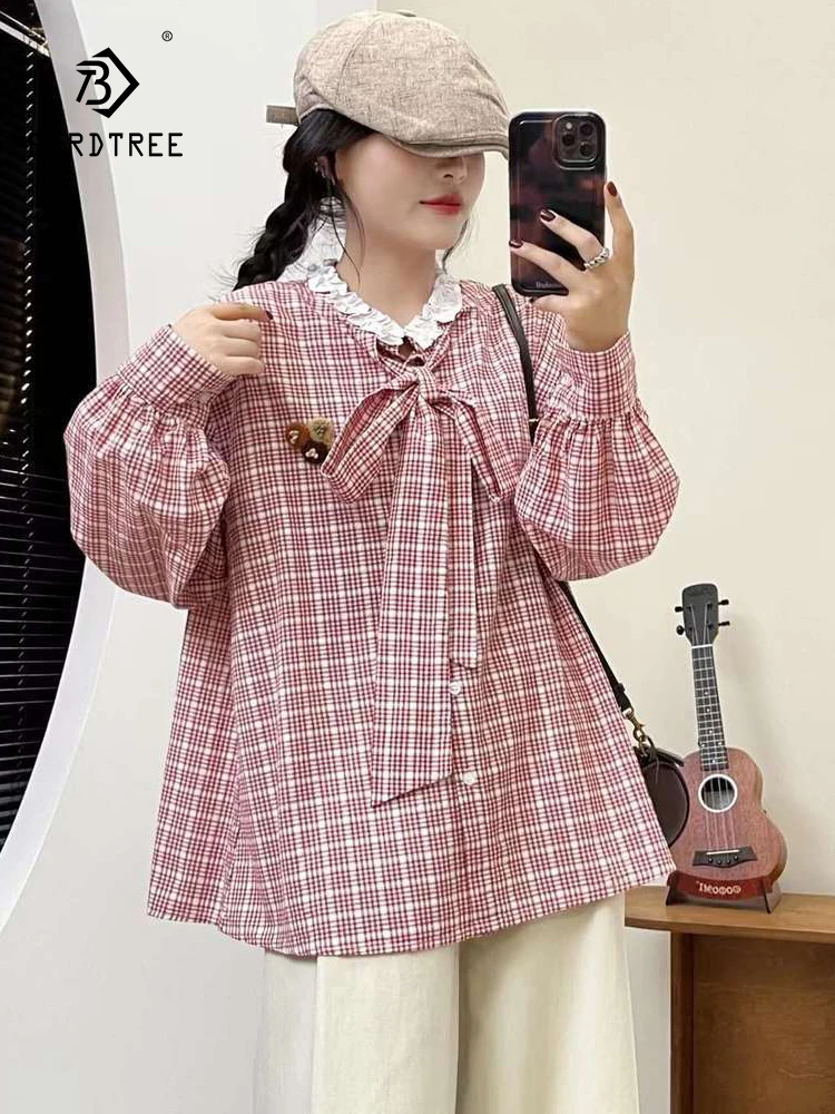 

New 2025 Autumn Cotton Long Sleeve Shirt, Women Stand Plaid Bow Ruffles Patchwork, Mori Girl Retro Sweet Loose Blouse T57881CC