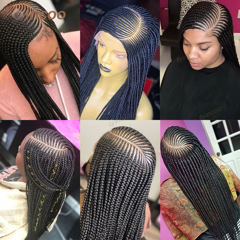 Parte lateral cornrow tranças perucas sintéticas para mulheres peruca dianteira do laço completo trança cabelo africano caixa sem nós trançado perucas loira