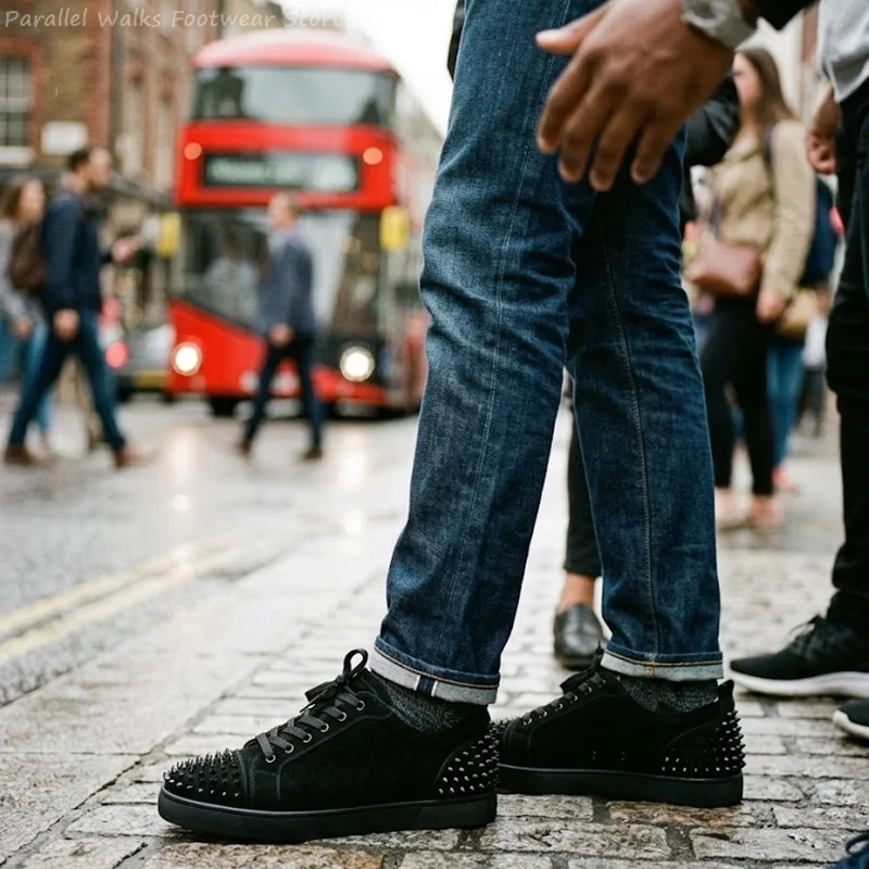 Rivet Studded Suede Leather Low Top Lace Up Punk Skate Board Shoes Comfort Breathable Non Slip Streetwear Casual Sneakers ForMen